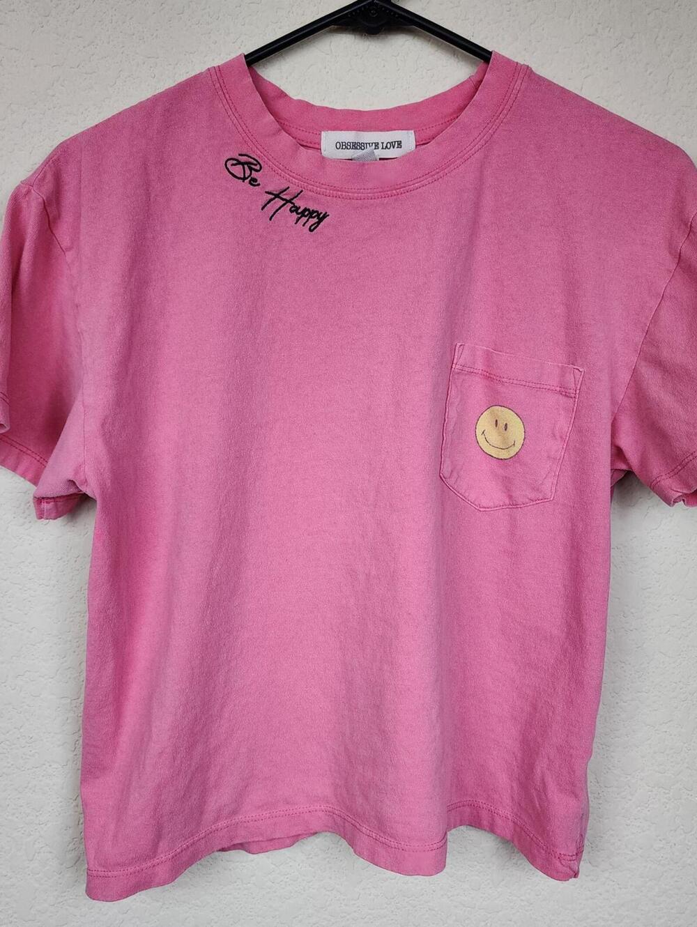 Obsessive Love Pink Cotton T-Shirt with Smile Patch and 'Be